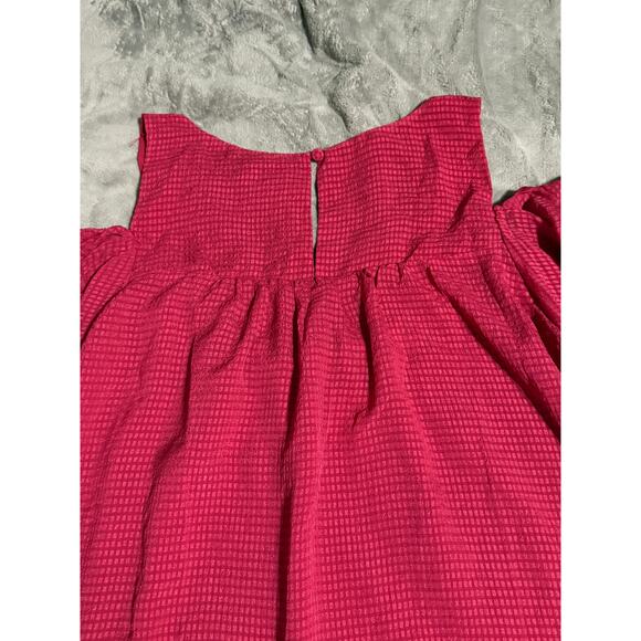 Anthro Maeve SZ 14 Magenta Gingham Top Cold Shoulder Micro Plaid Flutter Sleeve - Picture 7 of 10